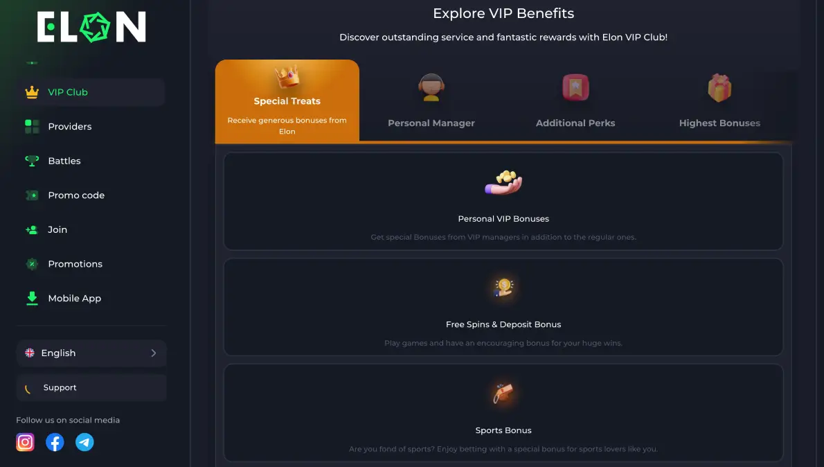 Loyalty program and VIP club at Elon Casino