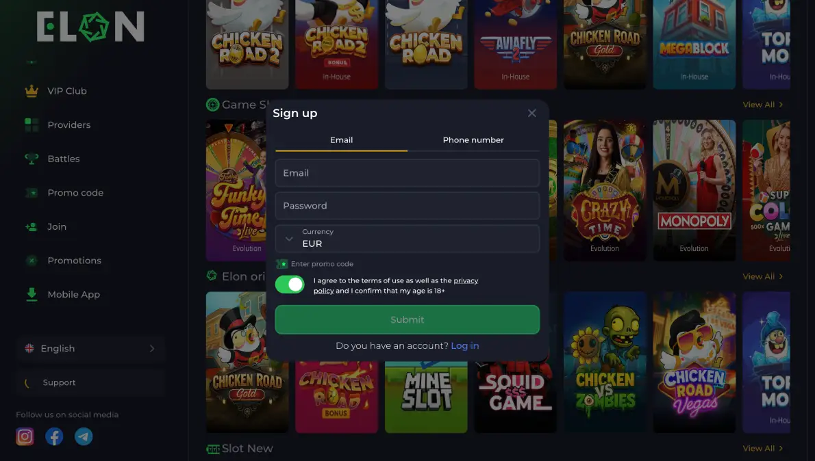 Registration on the Elon online casino website